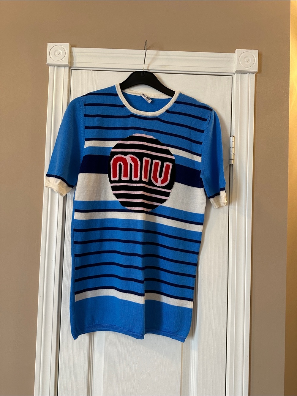 Miu Miu Blue White Striped Logo Knit Top